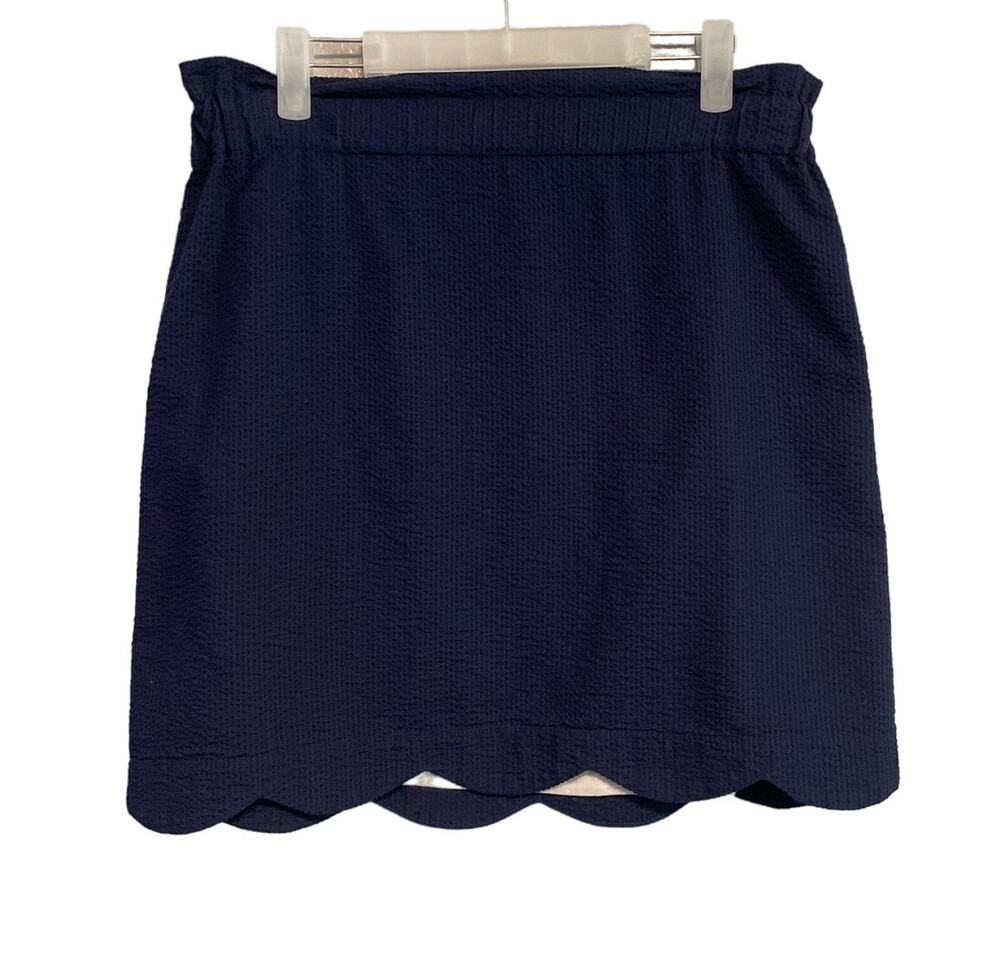 Lauren James Navy Seersucker Scallop Hem Skirt Size Medium